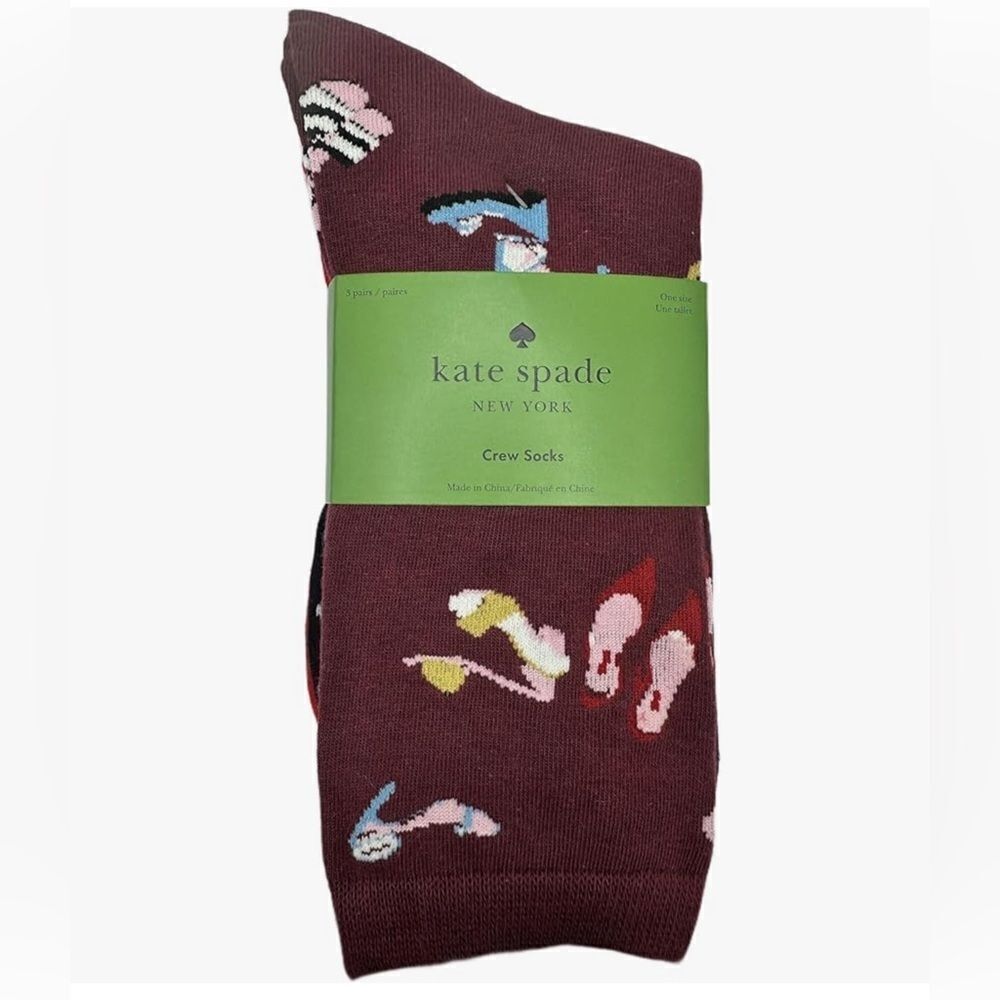 Kate Spade 3 Pack Crew Socks, High Heel Print, Black Polka Dot & Red NWT
